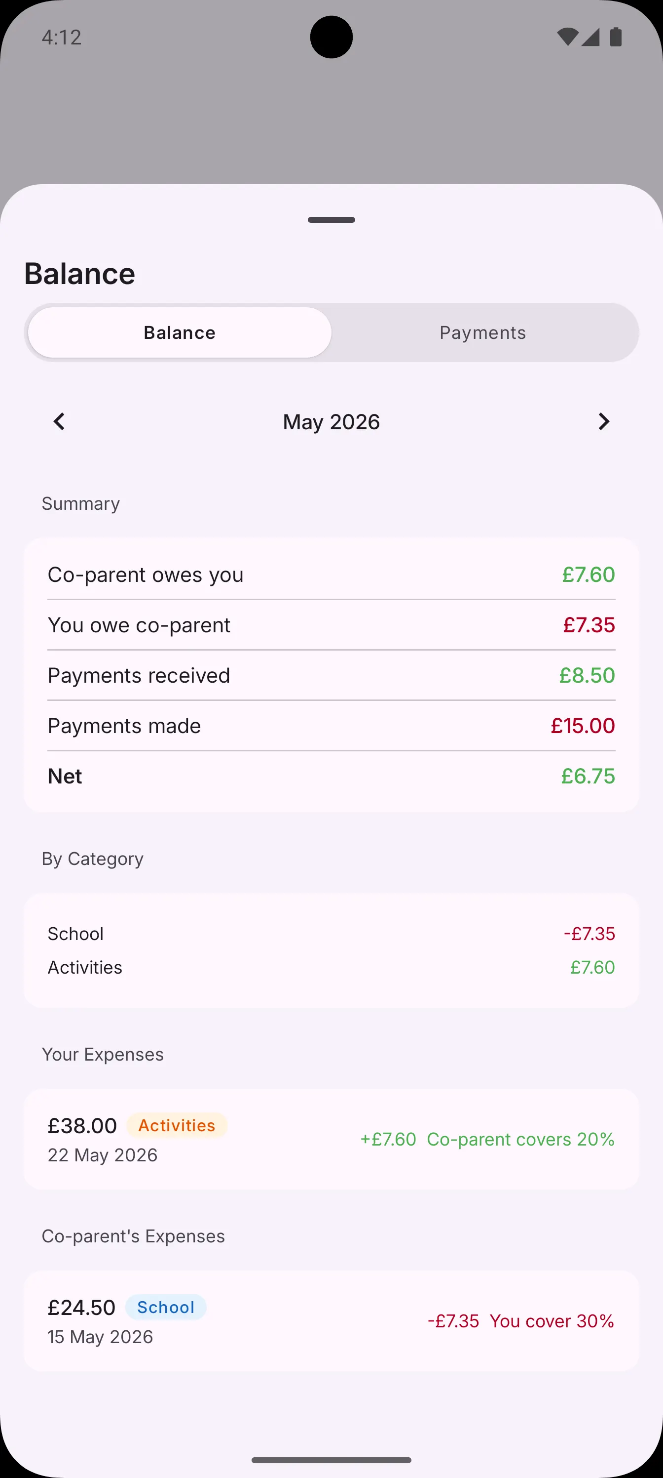 Parentlog Balance screen on Android