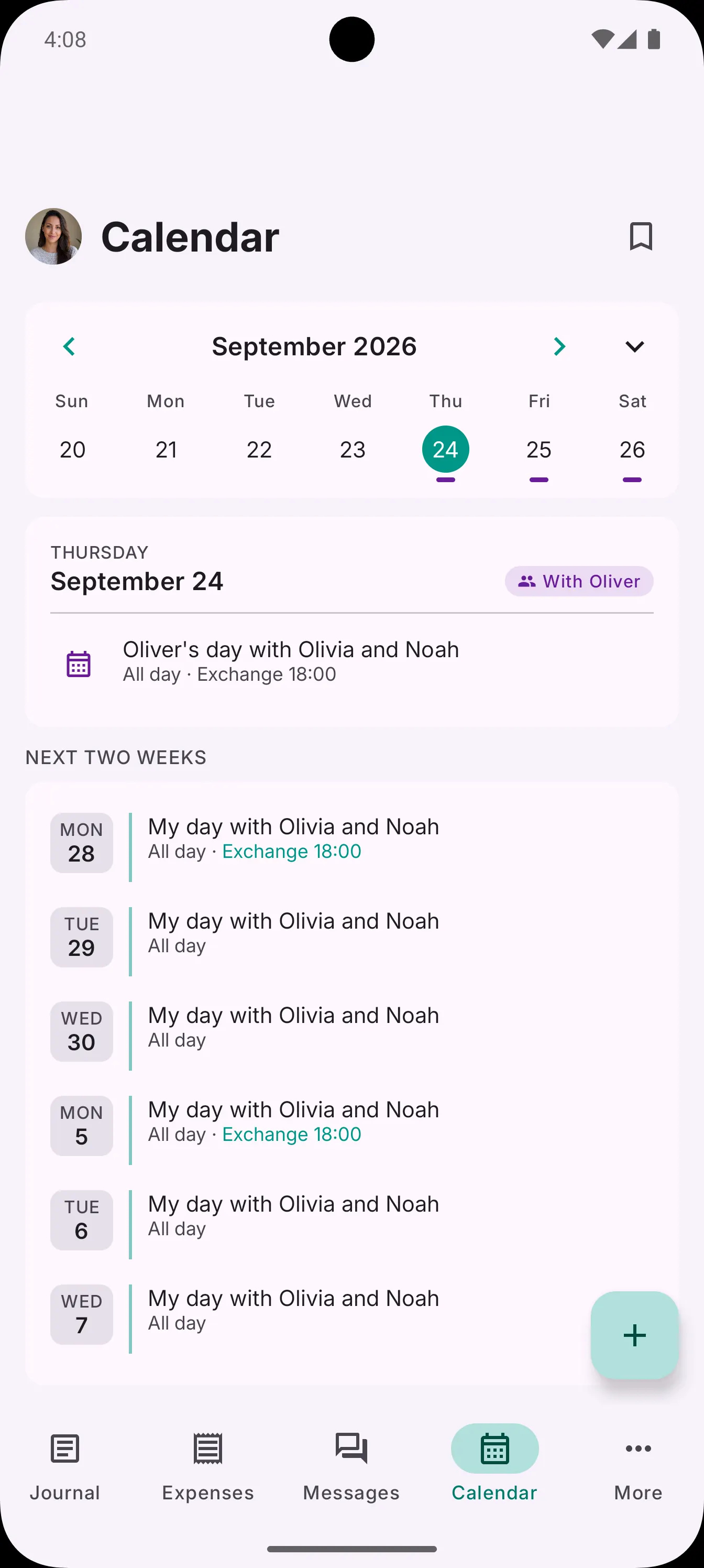 Parentlog Calendar screen on Android