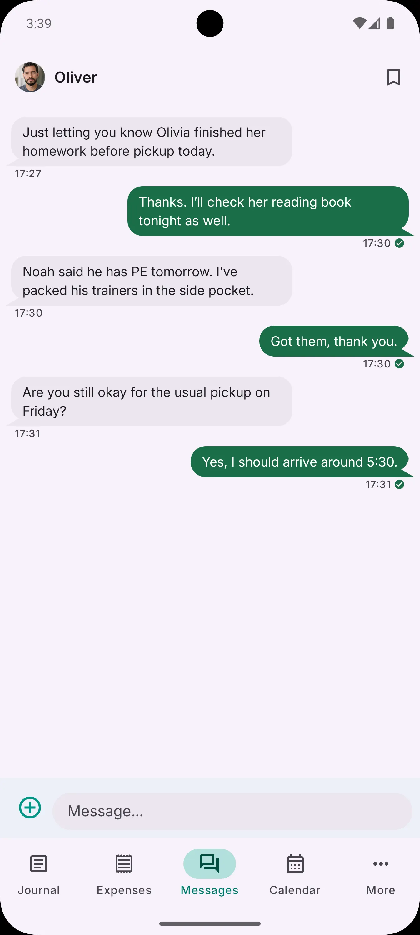 Parentlog Messages screen on Android