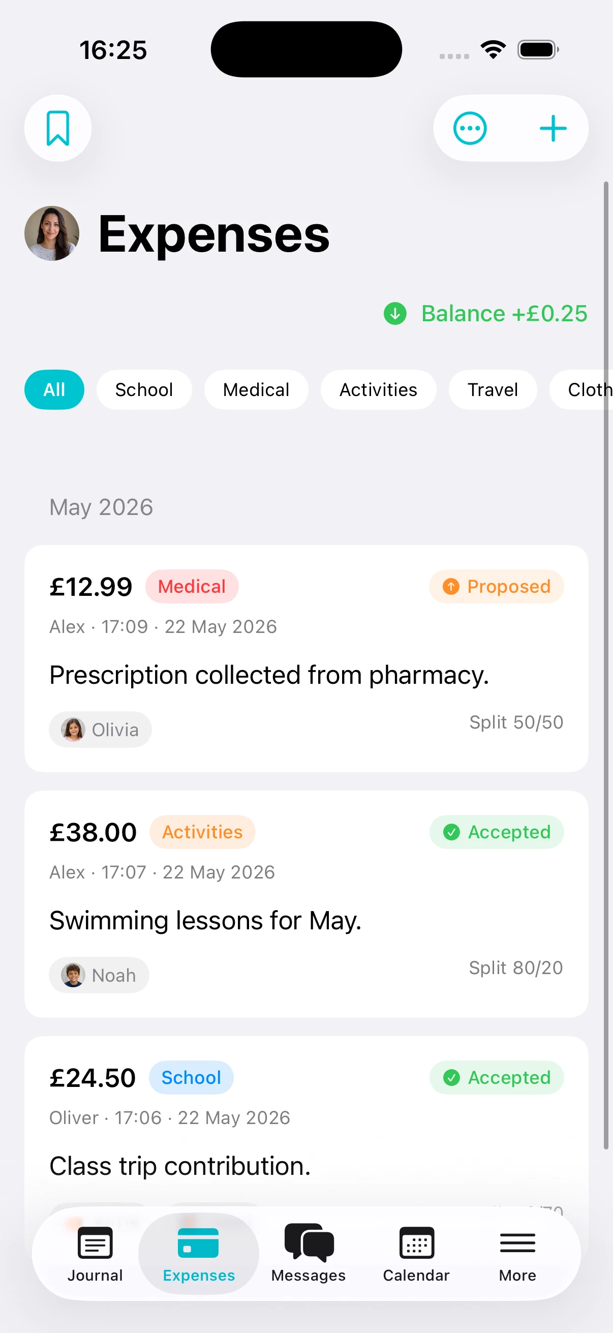 Parentlog expenses screen