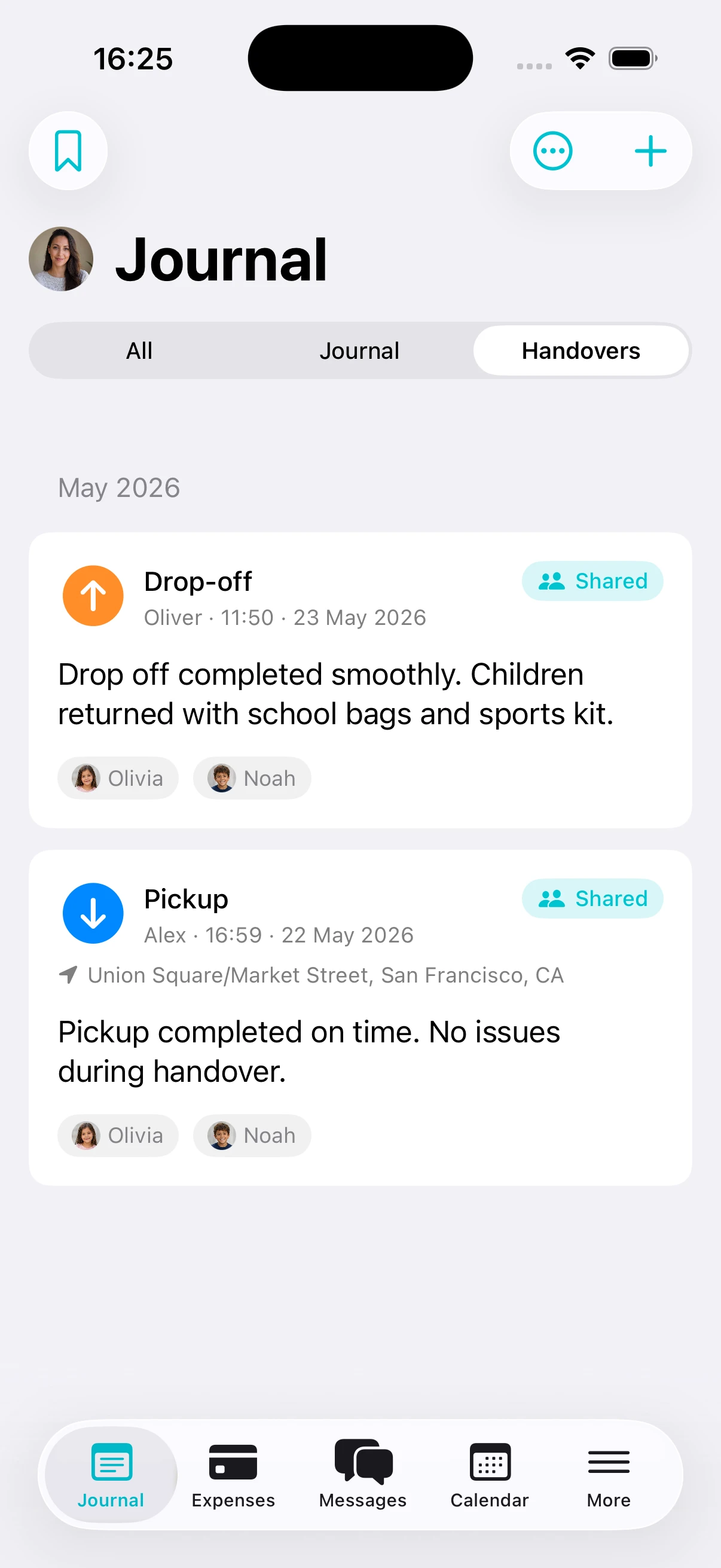 Parentlog handovers screen