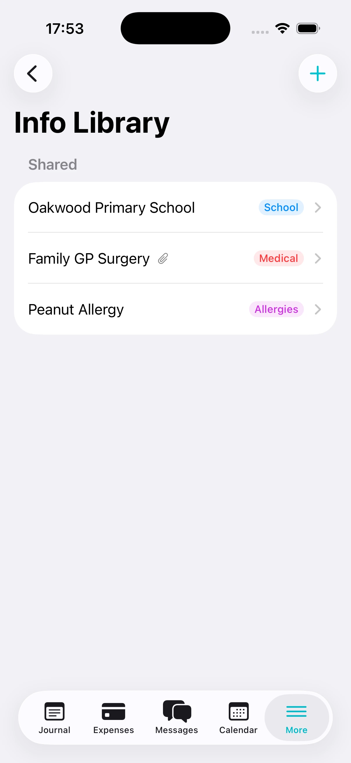 Parentlog info library screen