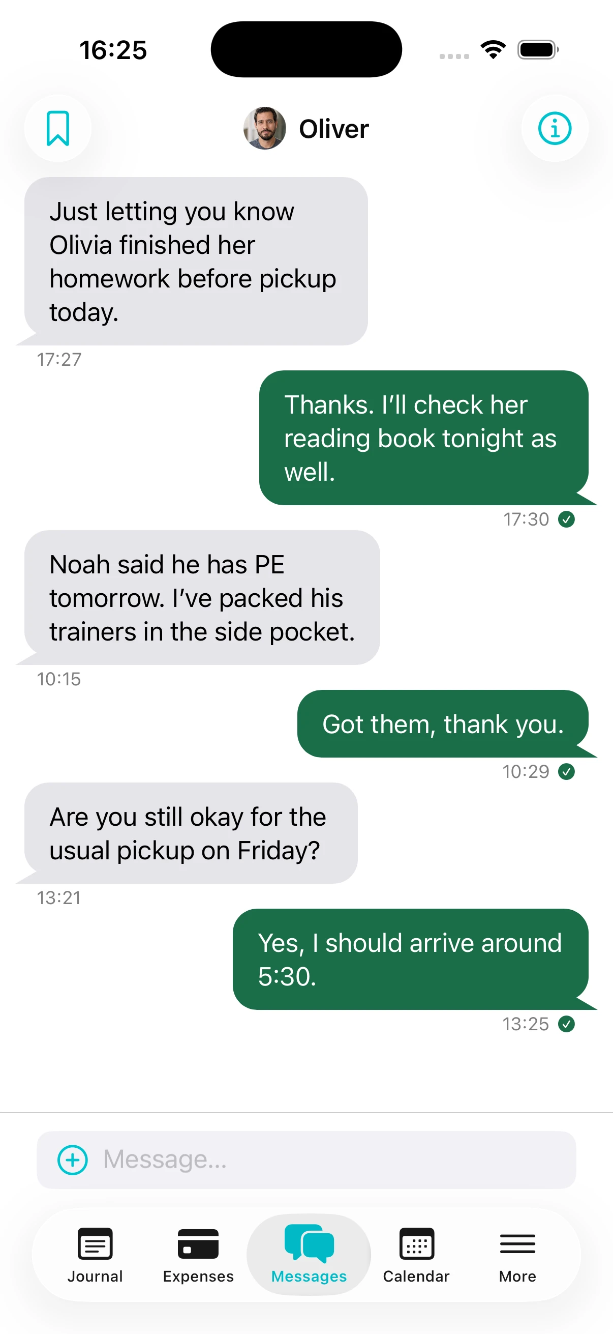 Parentlog messages screen