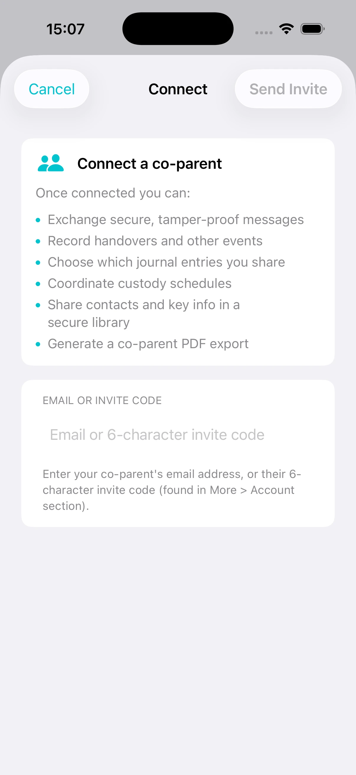 Parentlog invite co-parent screen
