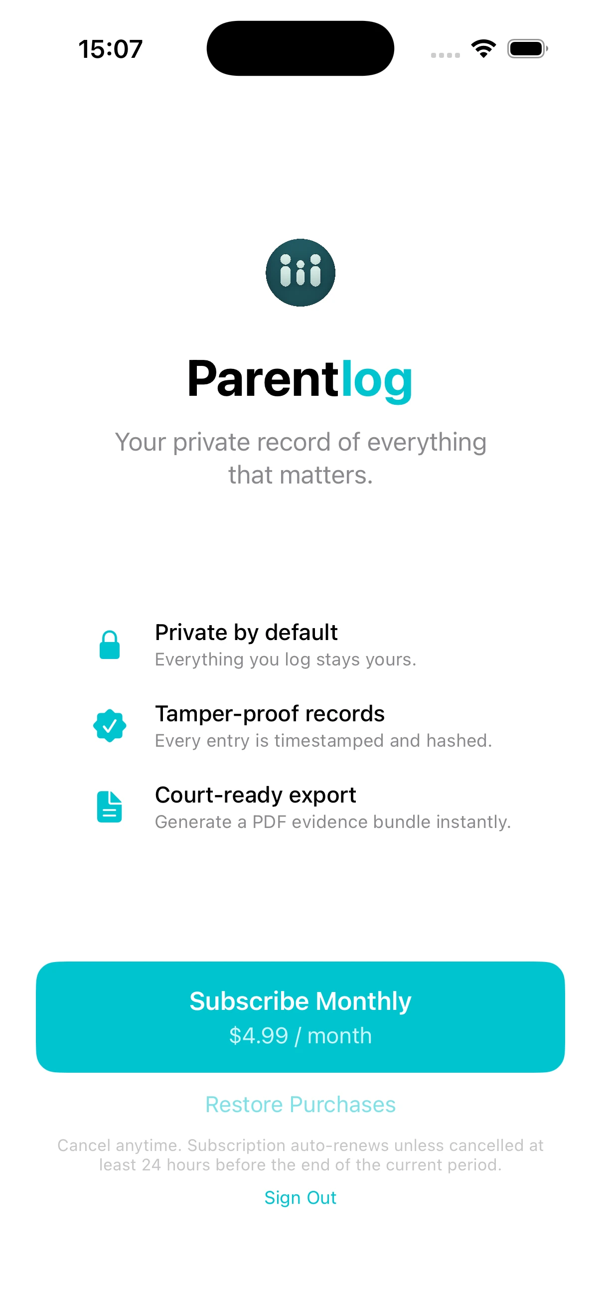 Parentlog subscription trial screen